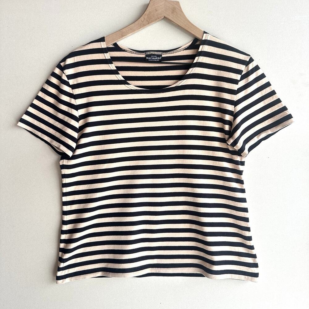 Vintage MARIMEKKO Finland 100% Cotton Beige Black Top Striped Sz M RARE Coastal